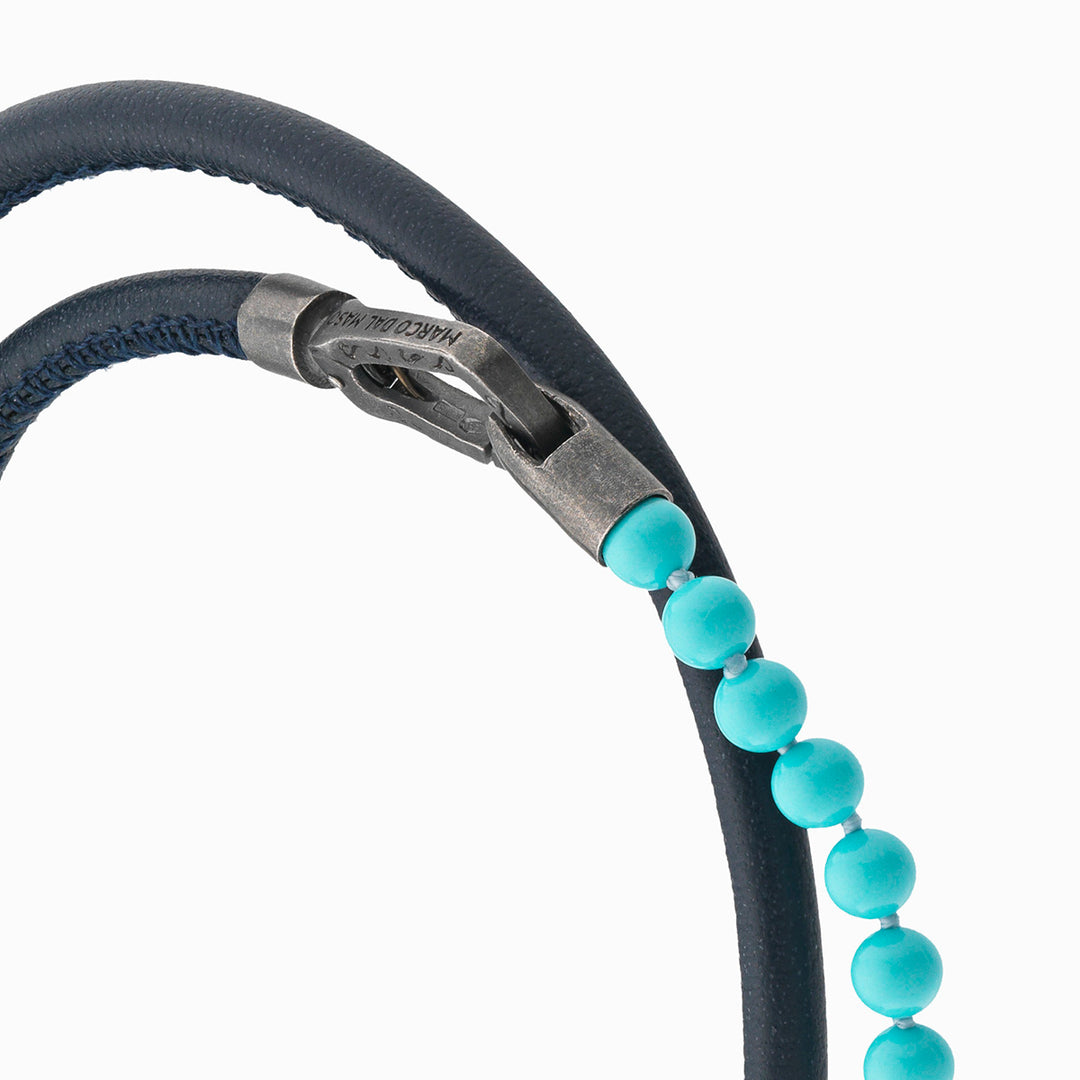 LASH 4 mm Beaded Double Bracelet, Turquoise, Blue Leather-Close View