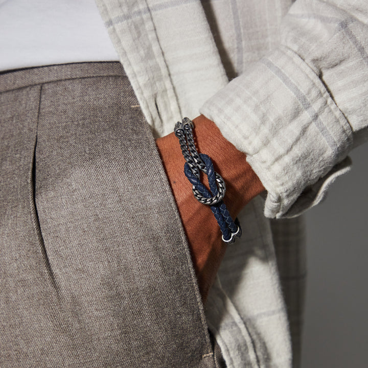 LASH Marine Knot & Mix Leather Bracelet, Blue Leather-Model View