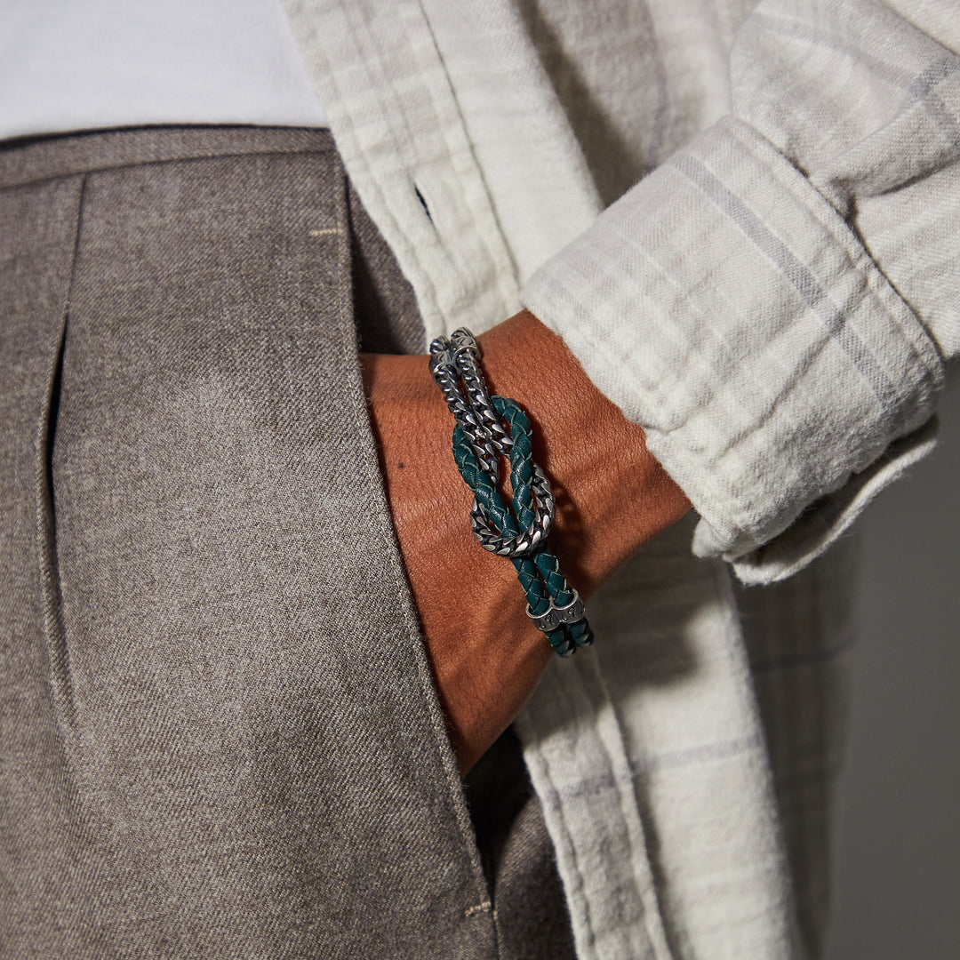 LASH Marine Knot & Mix Leather Bracelet, Green Leather-Model View