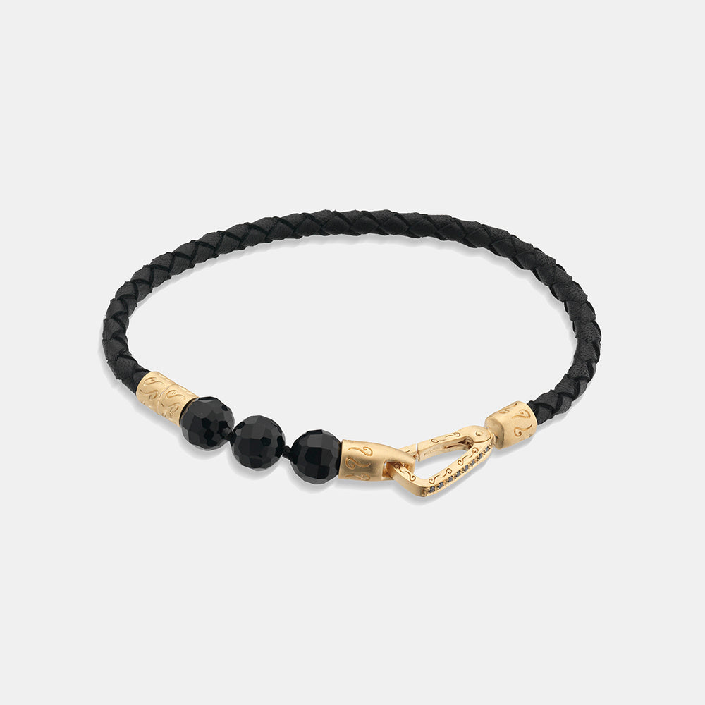 LASH 8 mm Beaded Diamond Bracelet, Yellow Gold Vermeil, Black Diamonds, Onyx, Black Leather-Straight View