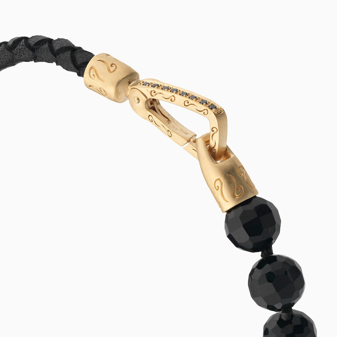 LASH 8 mm Beaded Diamond Bracelet, Yellow Gold Vermeil, Black Diamonds, Onyx, Black Leather-Close View