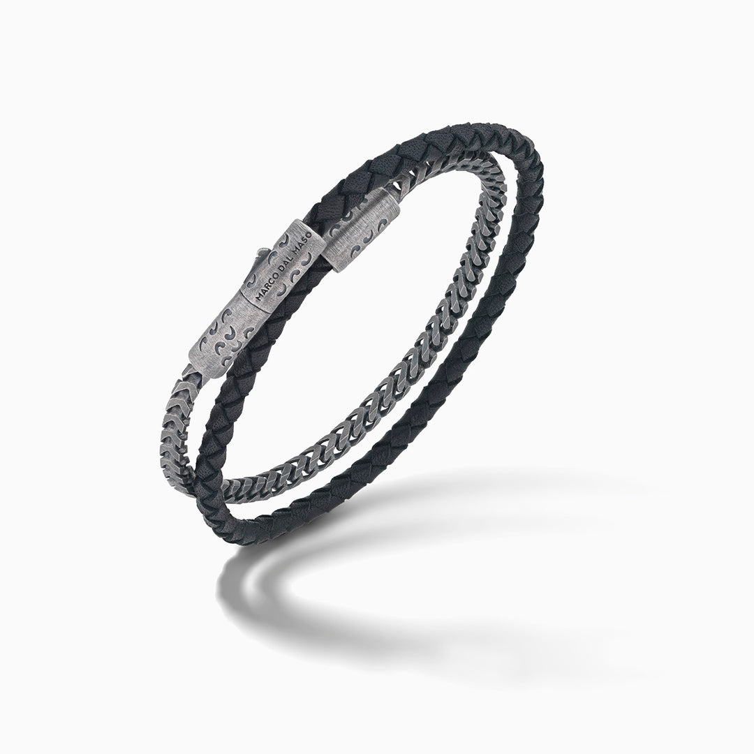 LASH Chain & Braided Leather Bracelet, Oxidized Silver, Black Leather-Standard View