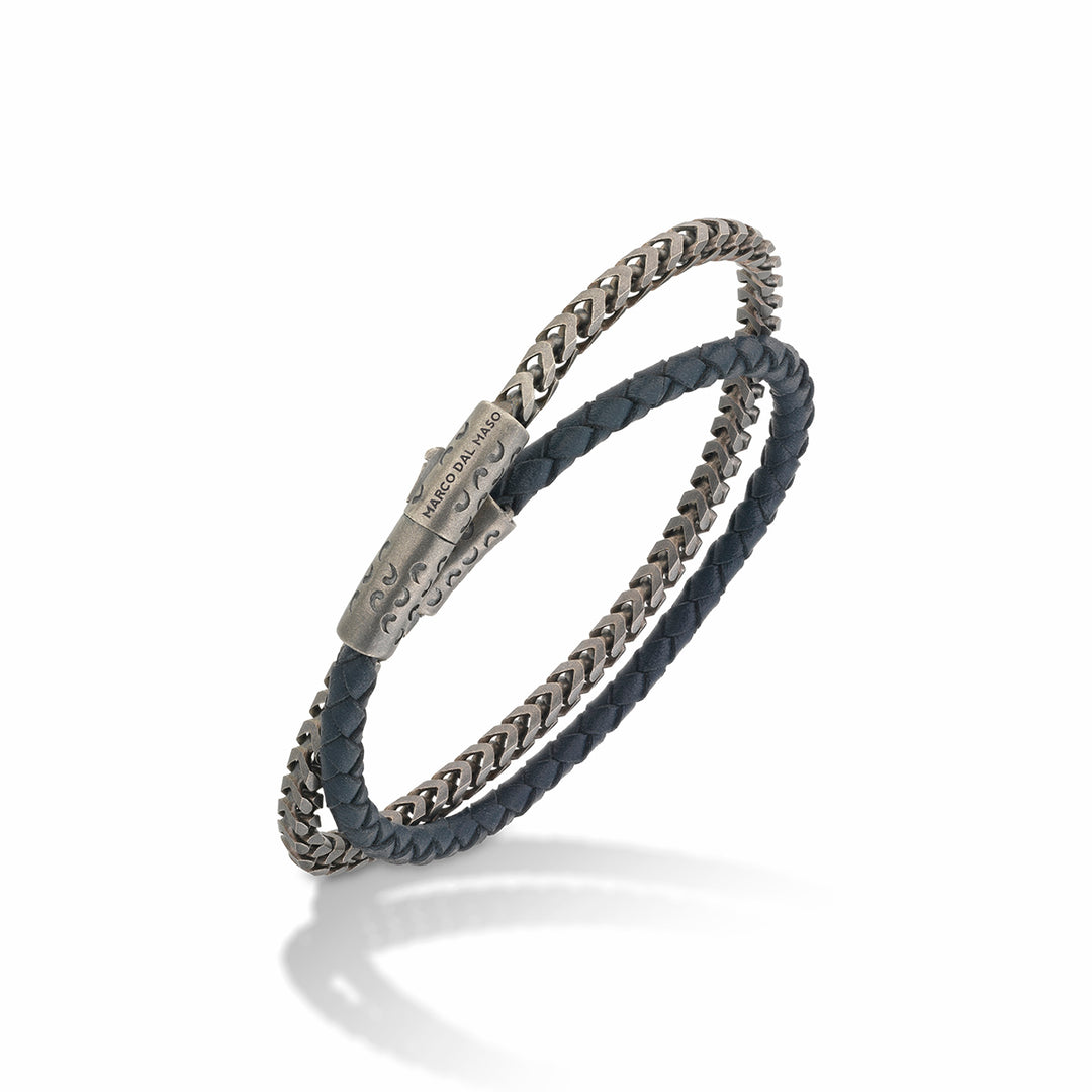 LASH Chain & Braided Leather Bracelet, Oxidized Silver, Blue Leather-Standard View