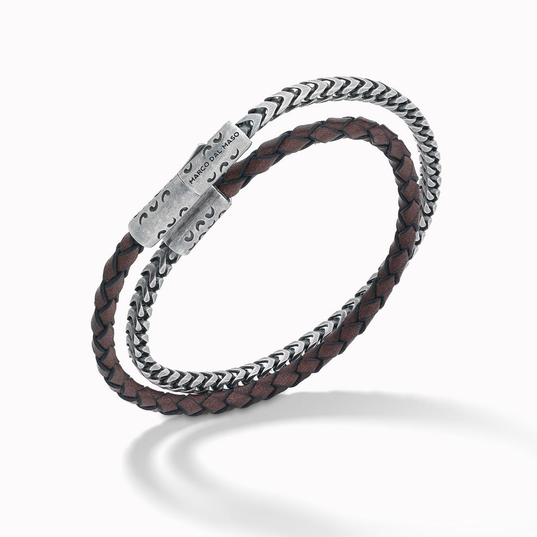 LASH Chain & Braided Leather Bracelet, Oxidized Silver, Brown Leather-Standard View1