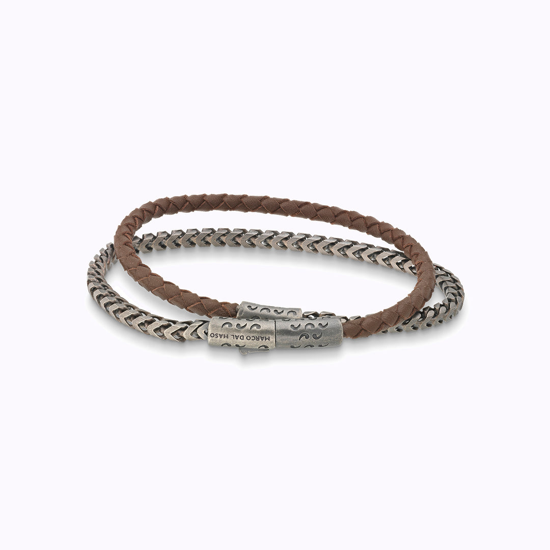 LASH Chain & Braided Leather Bracelet, Oxidized Silver, Brown Leather-Straight View