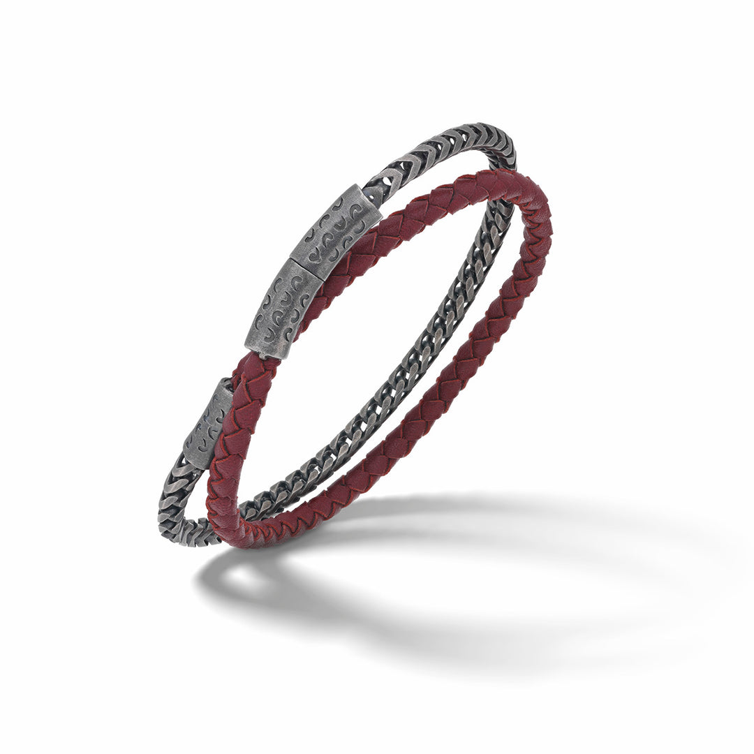 LASH Chain & Braided Leather Bracelet, Oxidized Silver, Red Leather-Standard View