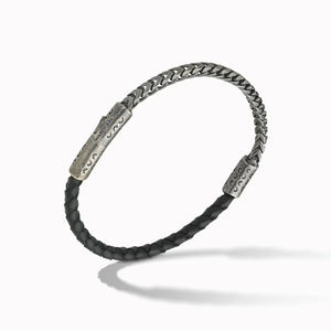 LASH Chain & Braided Leather Bracelet, Silver, Black Leather-Standard View