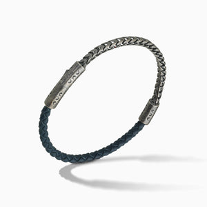 LASH Chain & Braided Leather Bracelet, Silver, Blue Leather-Standard View