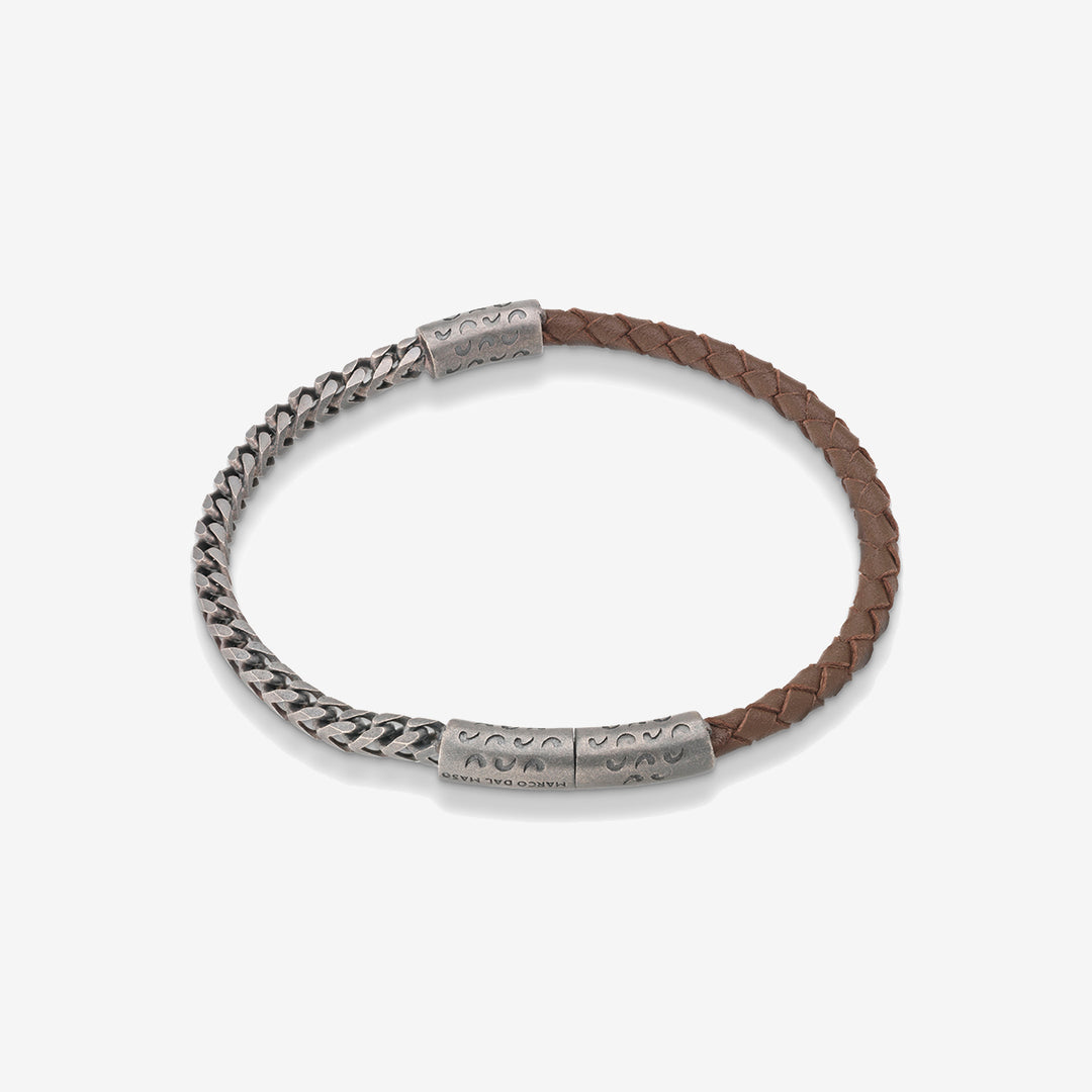 LASH Chain & Braided Leather Bracelet, Silver, Brown Leather-Standard View