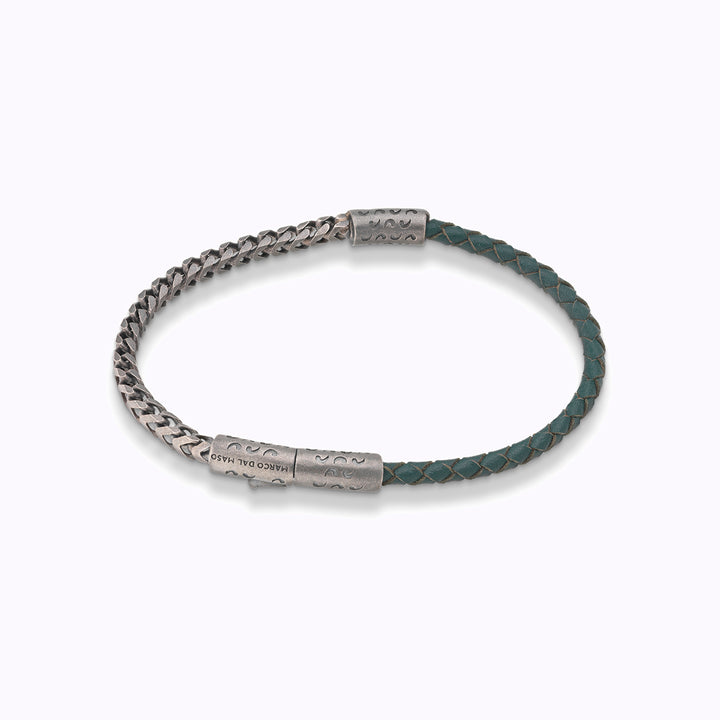 LASH Chain & Braided Leather Bracelet, Silver, Green Leather-Straight VIew