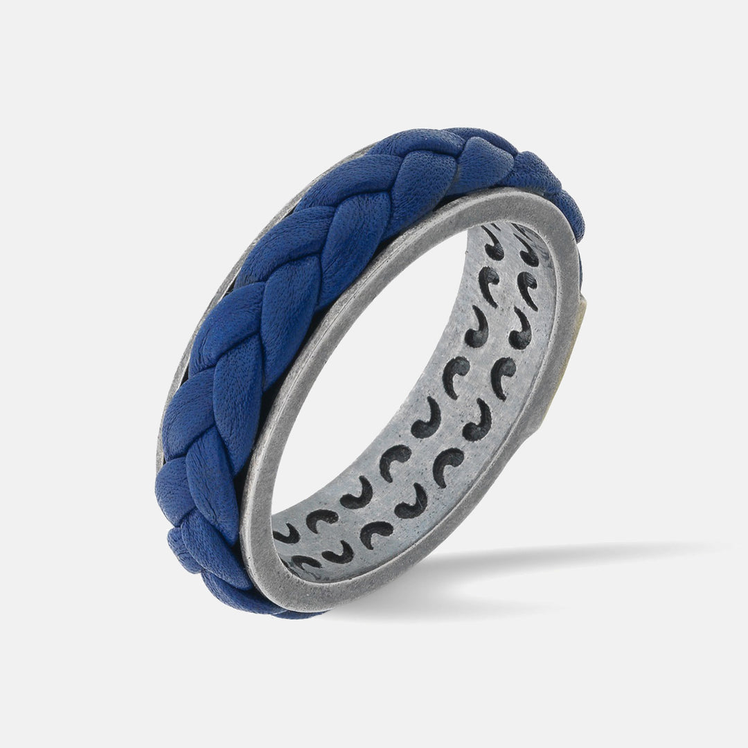 LASH Leather Braid Ring, Silver, Blue Leather-Standard View