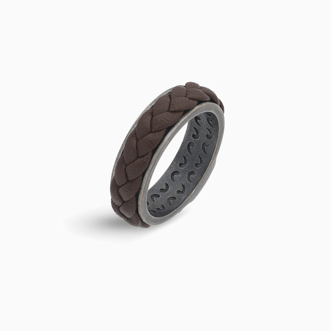 LASH Leather Braid Ring, Silver, Brown Leather-Standard View