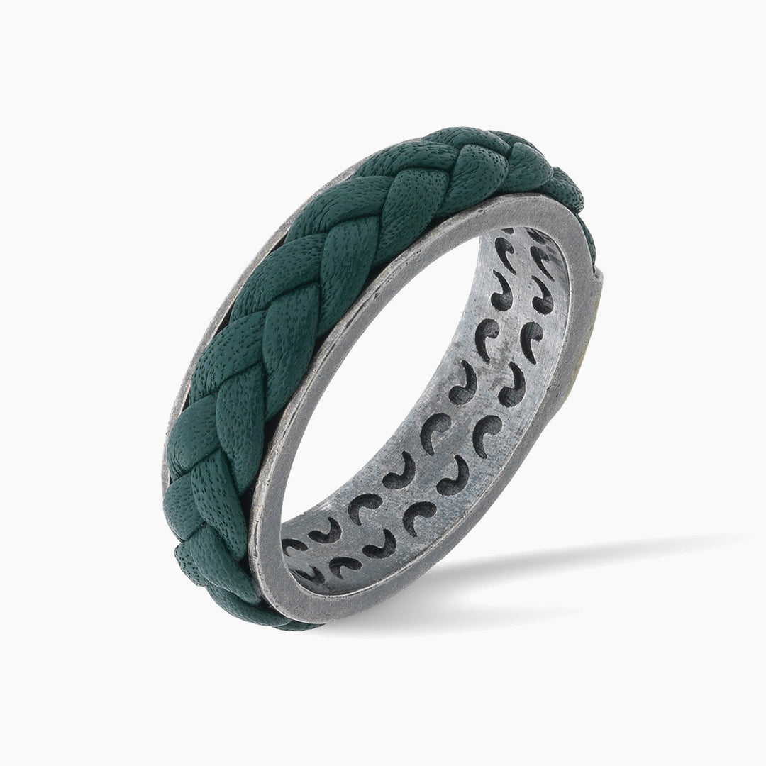 LASH Leather Braid Ring, Silver, Green Leather-Standard View