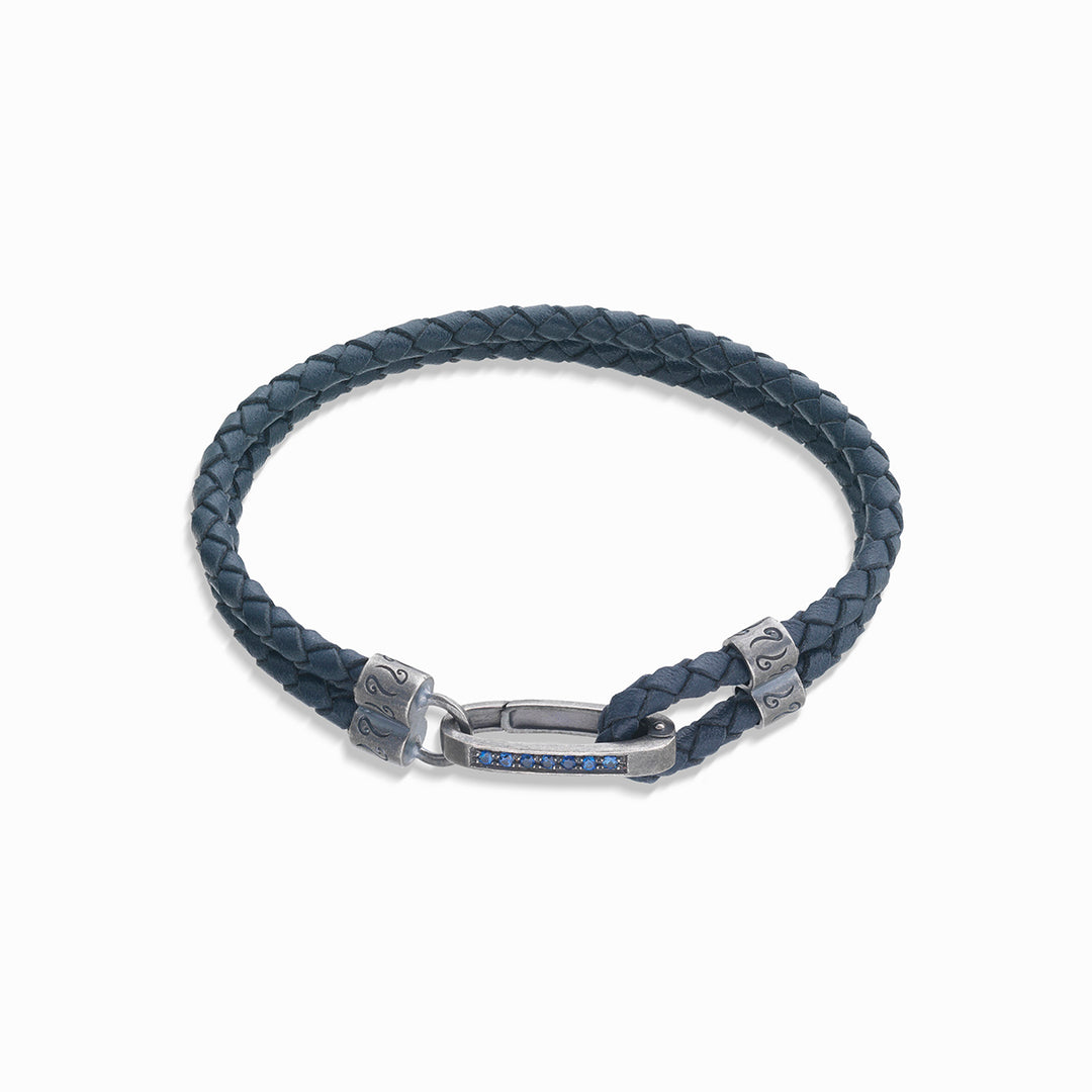 LASH ID Gemstone Clasp Bracelet, Oxidized Silver, Blue Sapphires, Blue Leather-Straight View