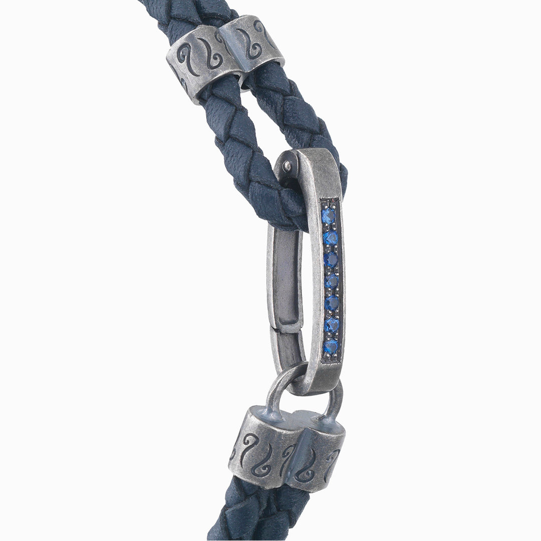 LASH ID Gemstone Clasp Bracelet, Oxidized Silver, Blue Sapphires, Blue Leather-Close View