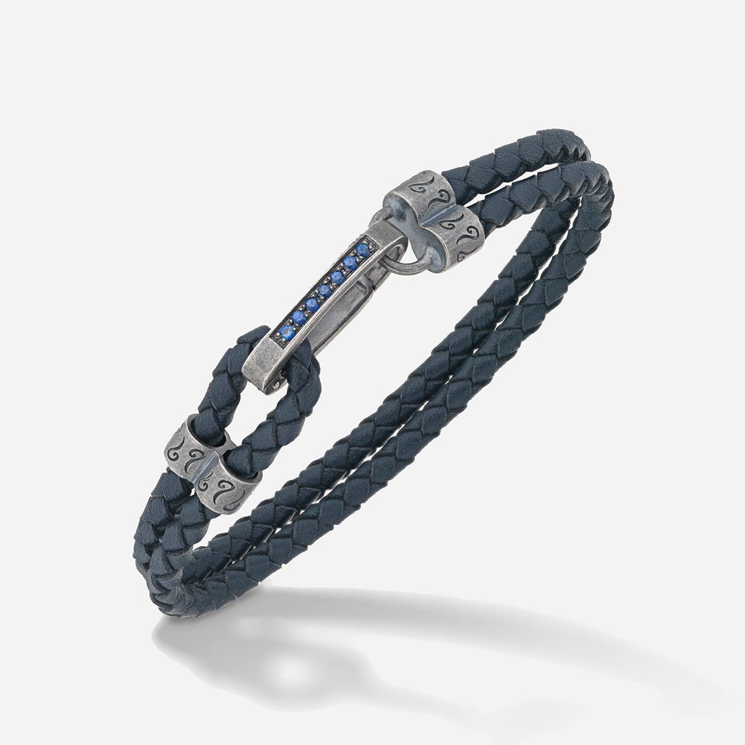 LASH ID Gemstone Clasp Bracelet, Oxidized Silver, Blue Sapphires, Blue Leather-Standard View