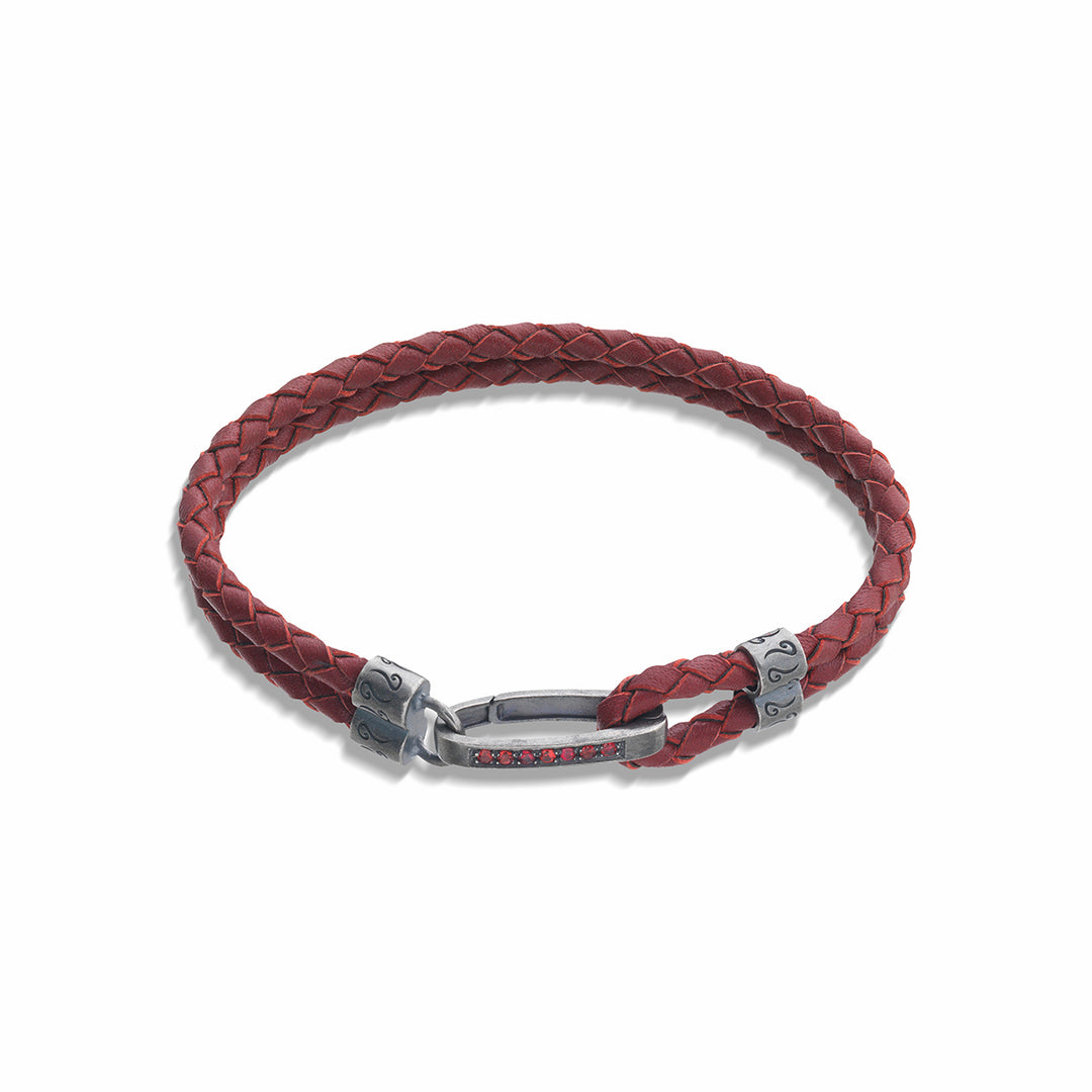 LASH ID Gemstone Clasp Bracelet, Oxidized Silver, Red Sapphires, Red Leather-Straight View