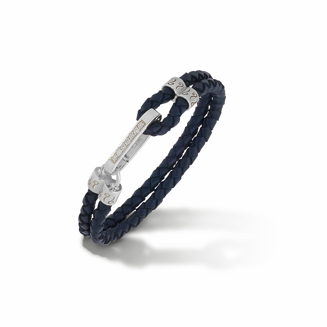 LASH ID Gemstone Clasp Bracelet, Polished Silver, White Diamonds, Blue Leather-Standard View