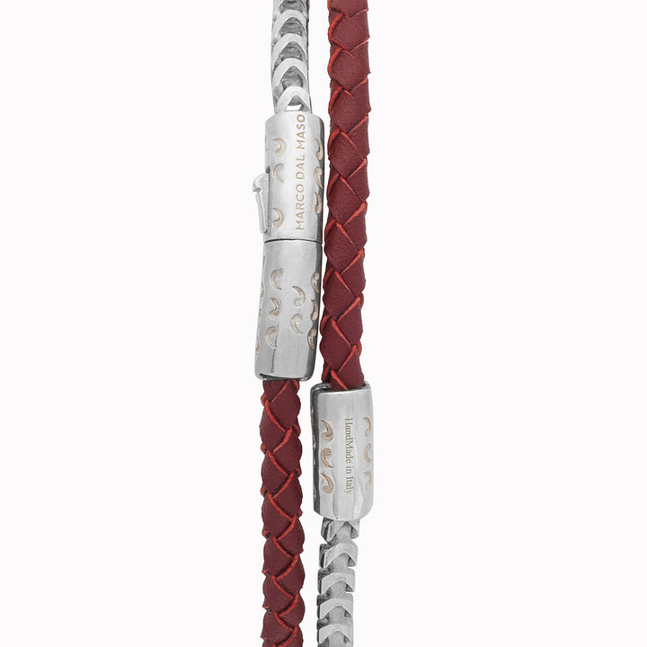 LASH Chain & Braided Leather Bracelet, Polished Silver, Red Leather-Straight View