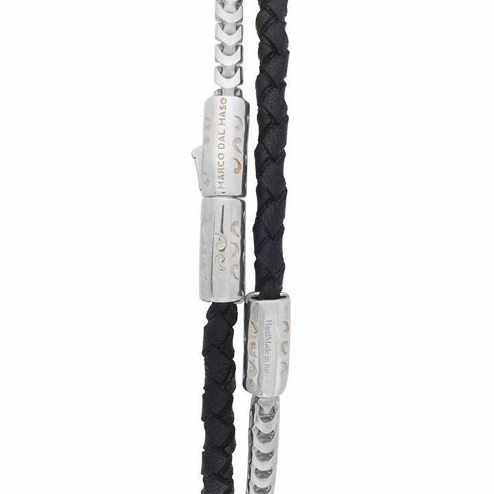 LASH Chain & Braided Leather Bracelet, Polished Silver, Black Leather-Straight View