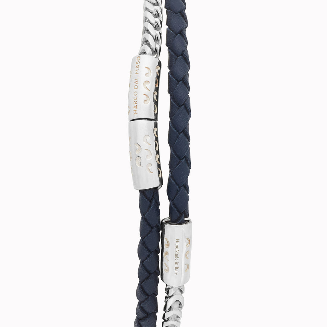 LASH Chain & Braided Leather Bracelet, Polished Silver, Blue Leather-Straight View