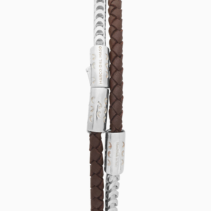 LASH Chain & Braided Leather Bracelet, Polished Silver, Brown Leather-Straight View