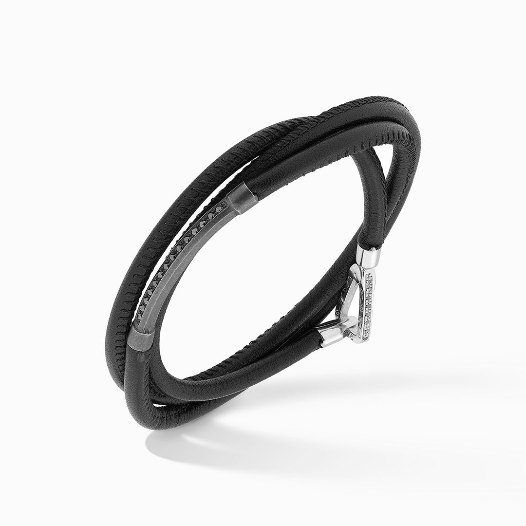 LASH Triple Wrap Bracelet, Silver, Black Diamonds, Black Leather-Standard View