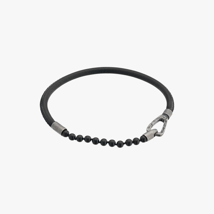 Black beaded bracelet with a carabiner clasp on a white background