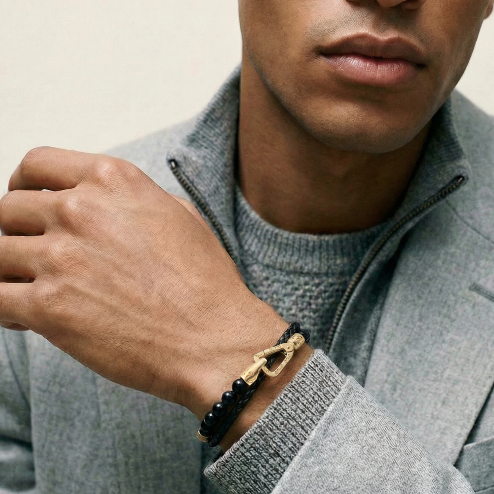 Man wearing LASH 6 mm Beaded Diamond Double Bracelet, Yellow Gold Vermeil, Black Diamonds, Onyx, Black Leather