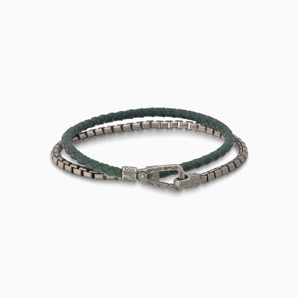 LASH Box Chain & Braided Leather Bracelet, Oxidized Silver, Green Leather-Straight View