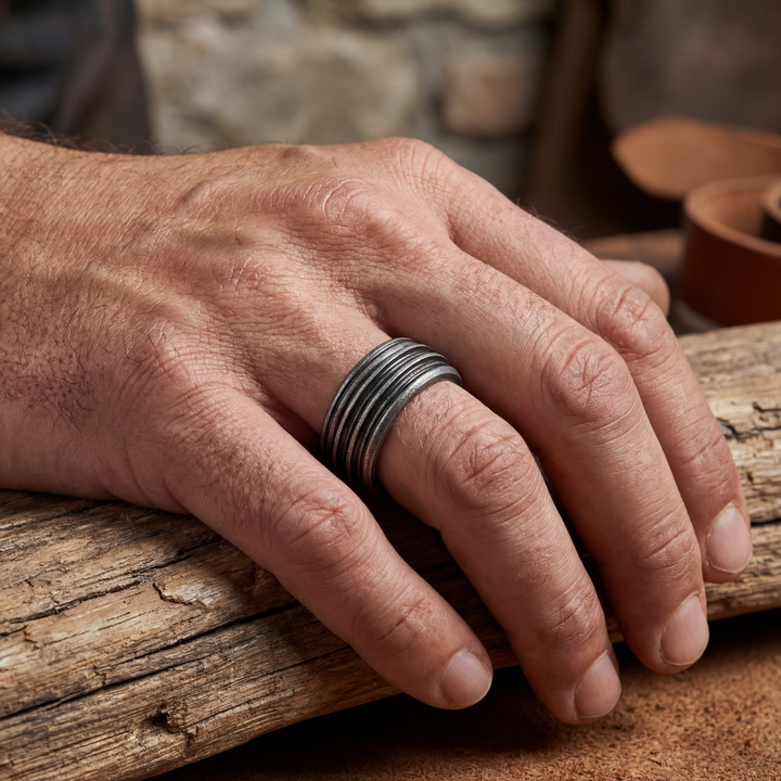 Male model wearing MARCO DAL MASO MEN ACIES BAND ring, showcasing sleek design and polished silver finish.