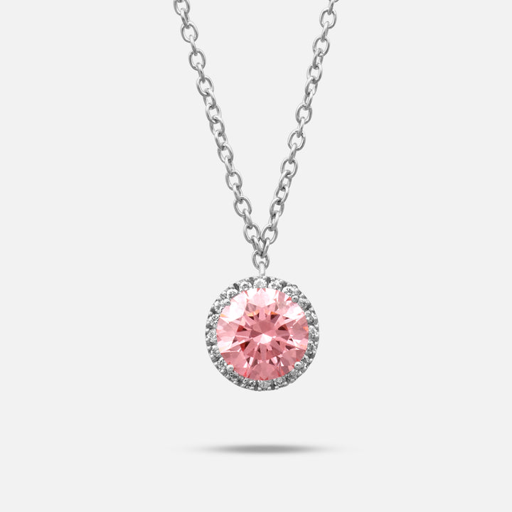Close-up of pink diamond details on Eclipse Luna Halo Pendant