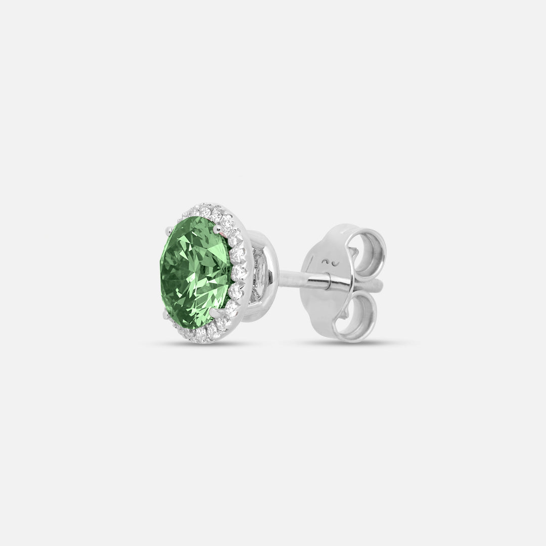 Close-up of green diamond details on Eclipse Luna Halo Earrings