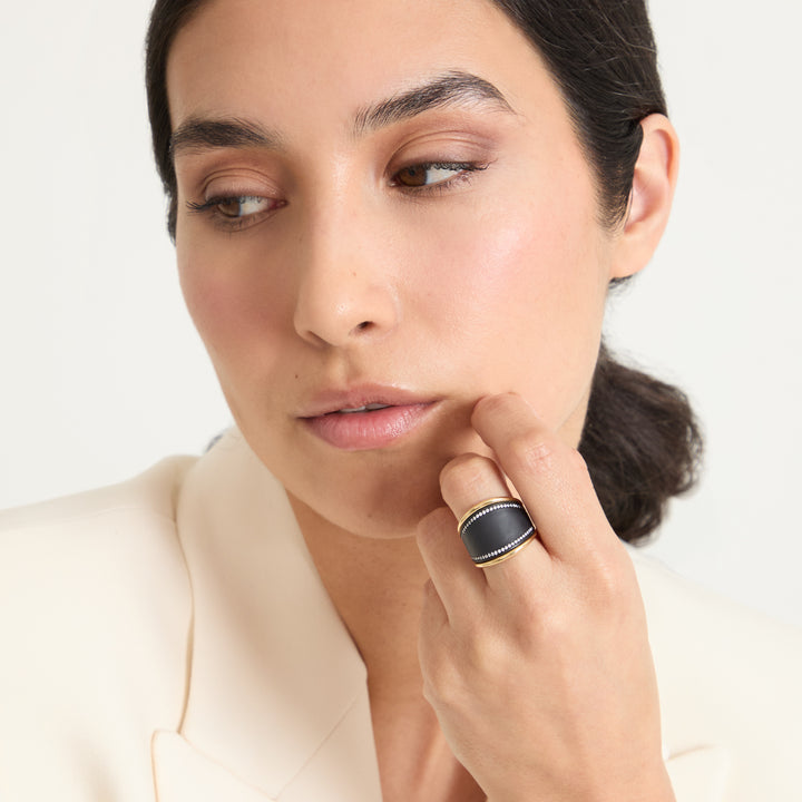 Model wearing Eclipse Dawn Ring shown in styled position