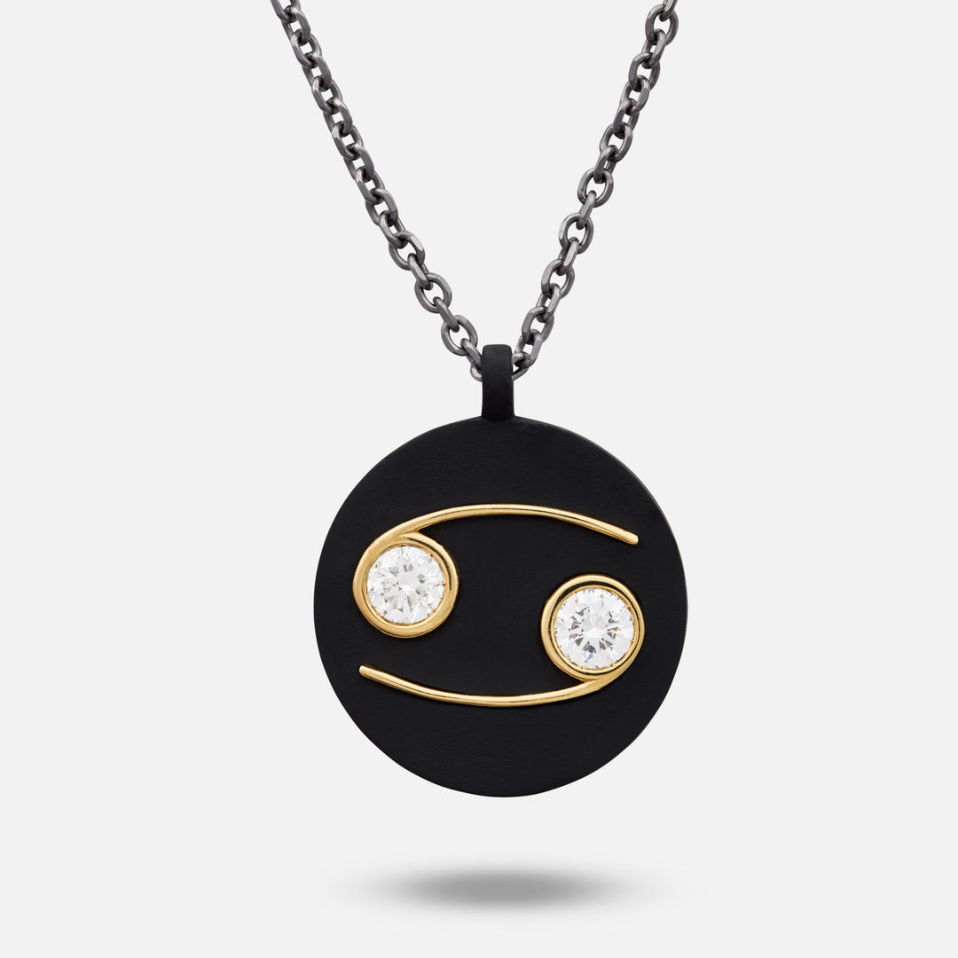 Close-up of black titanium details on Eclipse Cancer Pendant
