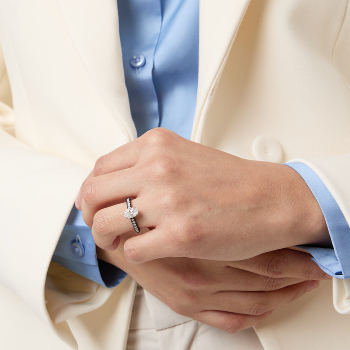 Model wearing Eclipse Vesper Ring shown in styled position