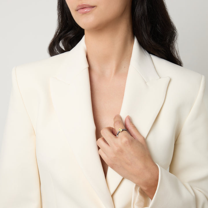 Model wearing Eclipse Celeste Ring shown in styled position