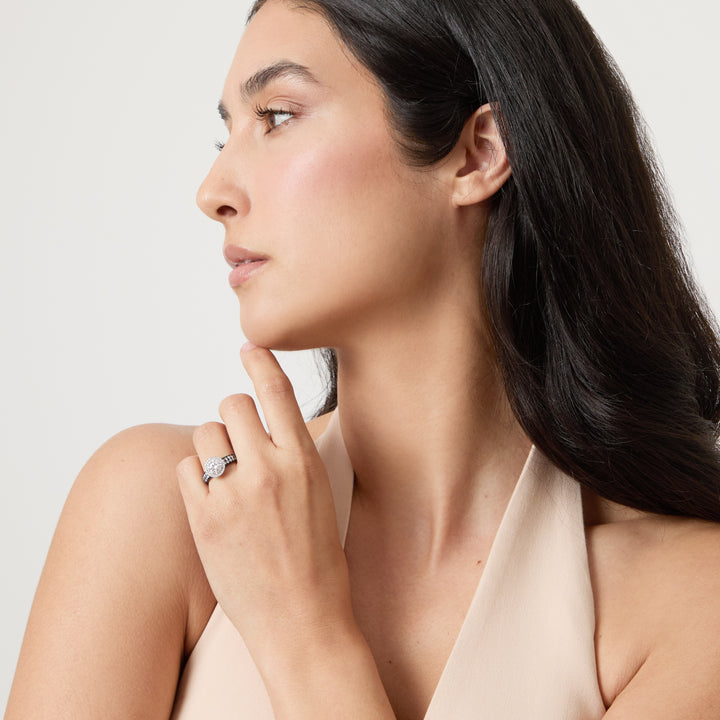 Model wearing Eclipse Luna Starburst Ring shown in styled position