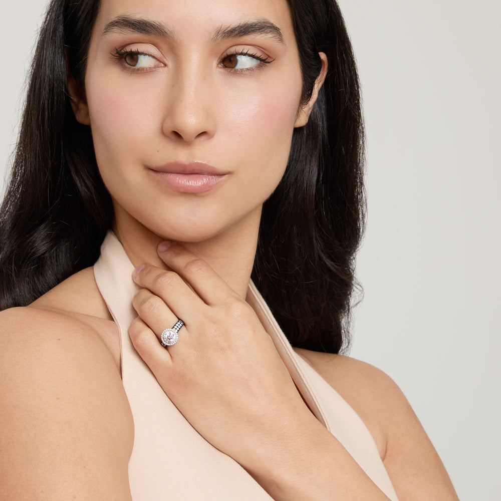 Model wearing Eclipse Luna Starburst Ring shown in styled position