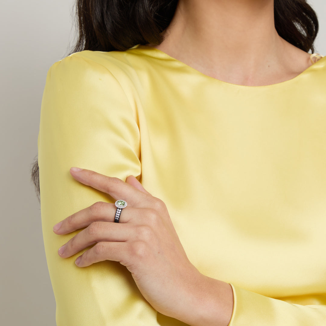 Eclipse Luna Starburst Ring worn alone by model against neutral background