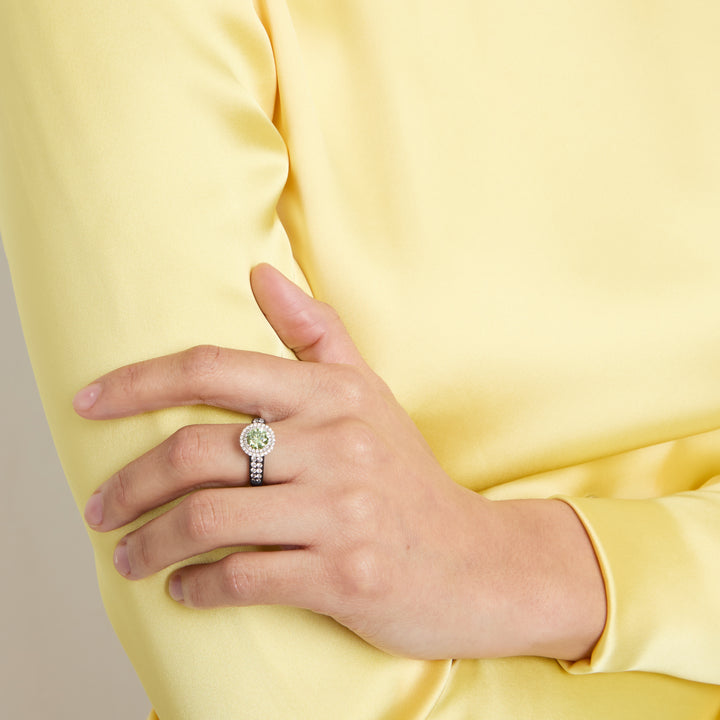 Model wearing Eclipse Luna Starburst Ring shown in styled position