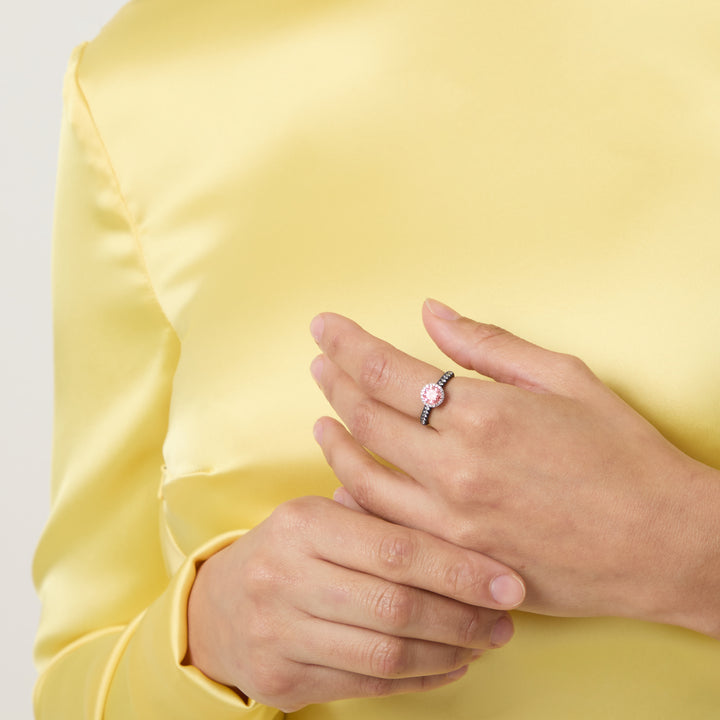 Model wearing Eclipse Luna Halo Ring shown in styled position