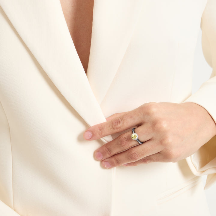 Eclipse Luna Halo Ring worn alone by model against neutral background
