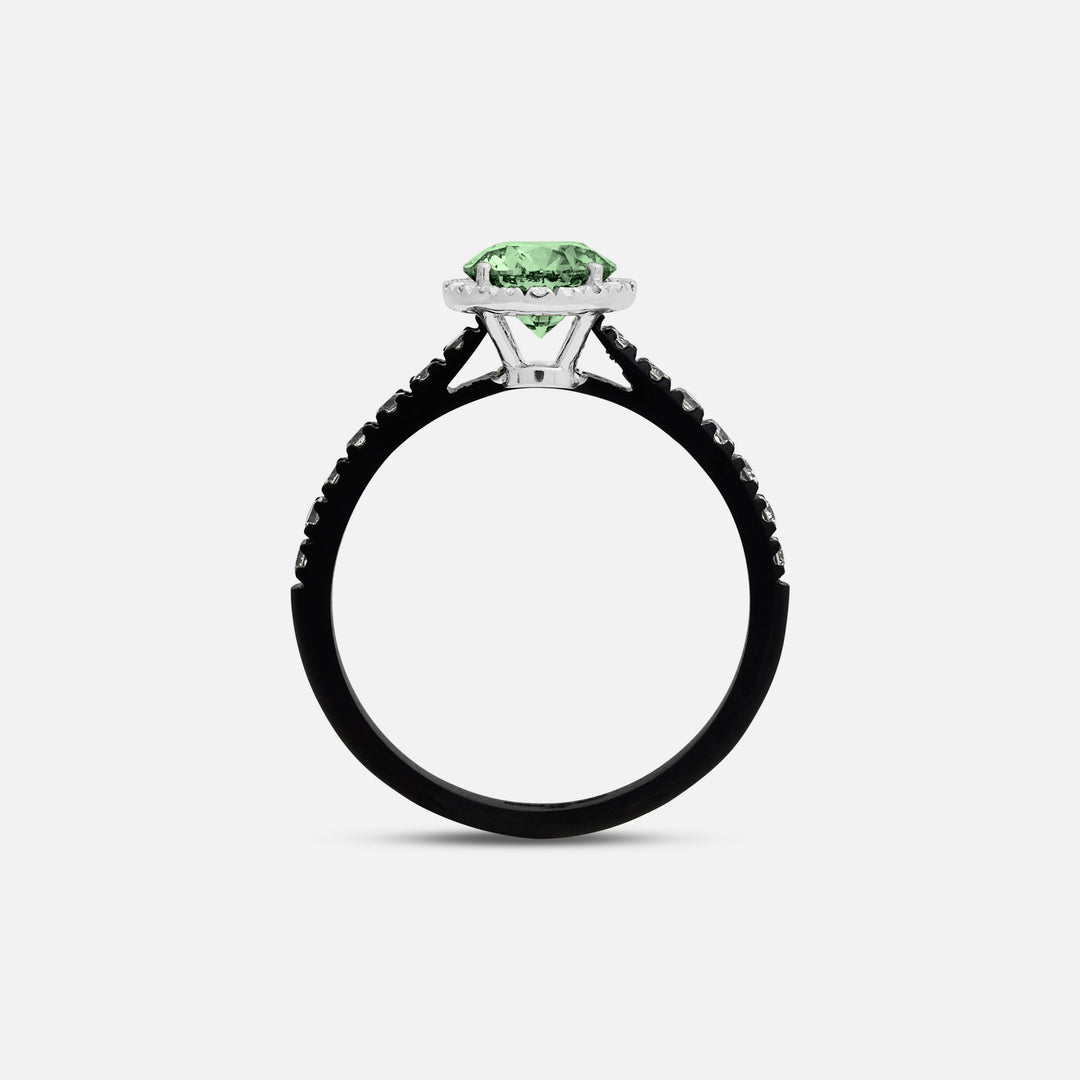 Green Diamond setting on Eclipse Luna Halo Ring shown at angle