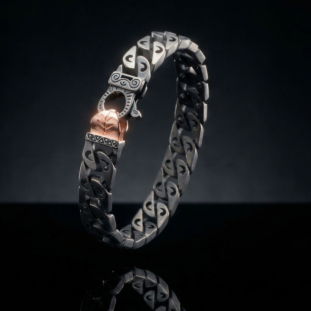 Marco Dal Maso Men flaming tongue 9mm bracelet with oxidized silver, black diamonds, rugged texture, showcasing luxury and bold style.