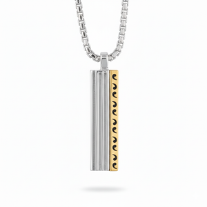 Two-tone pendant necklace with vertical stripes on a white background