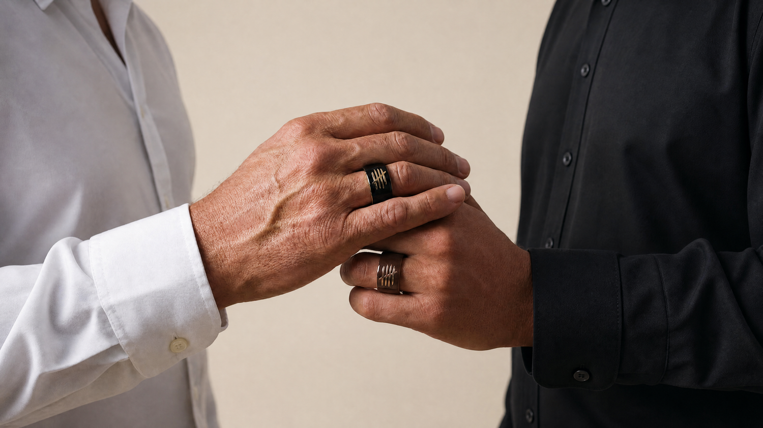 Two people wearing rings on a neutral background