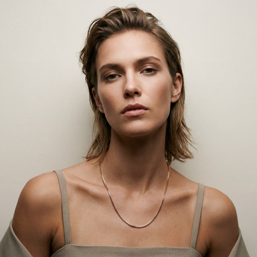 Woman wearing a delicate necklace against a neutral background