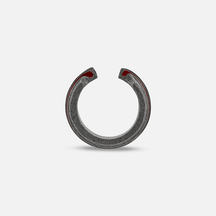 Direct view of split ring revealing scarlet accent upon subtle floor.