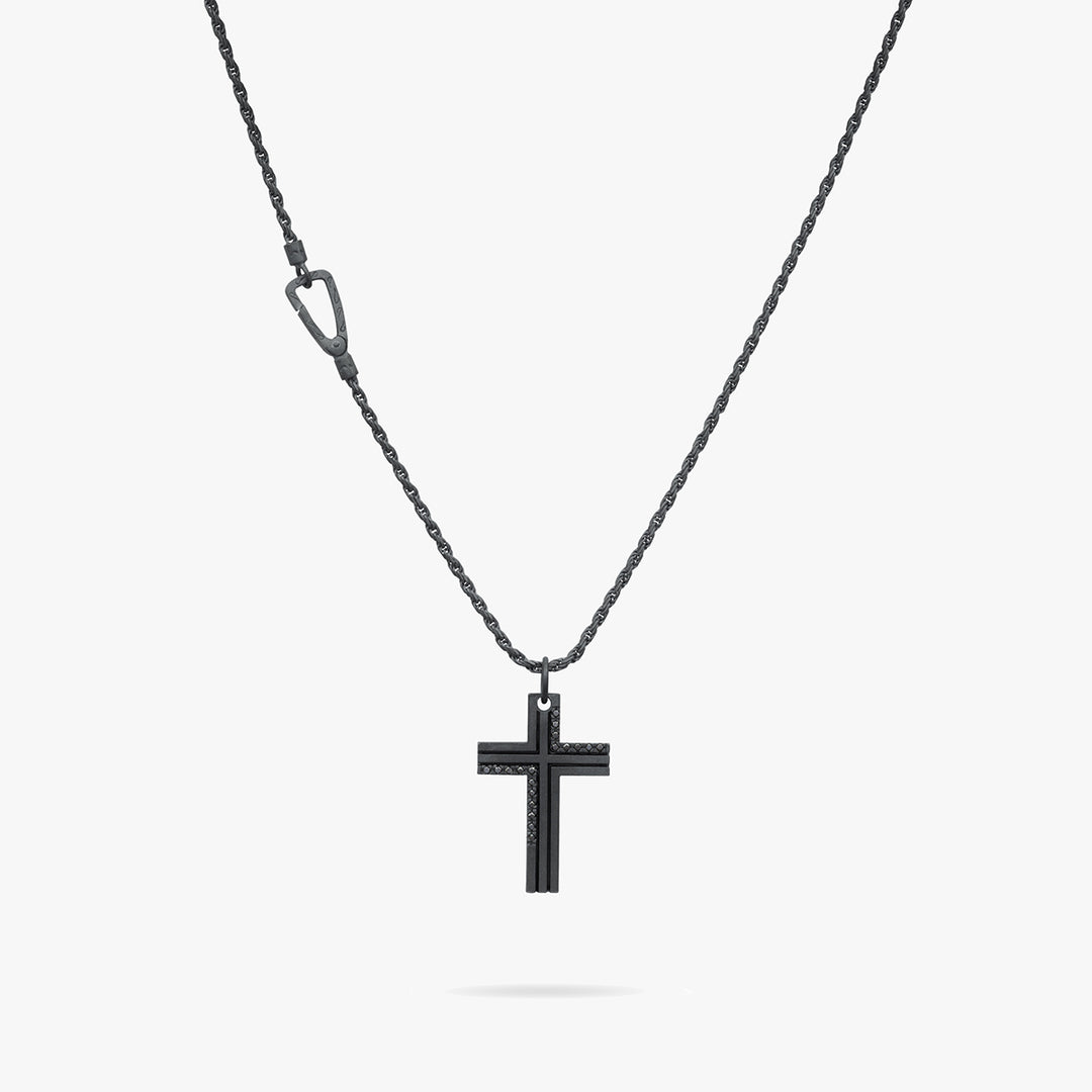 THE CROSS Enamel and Diamond Necklace, Oxidized Silver, Black Diamond, Black Enamel-Straight View